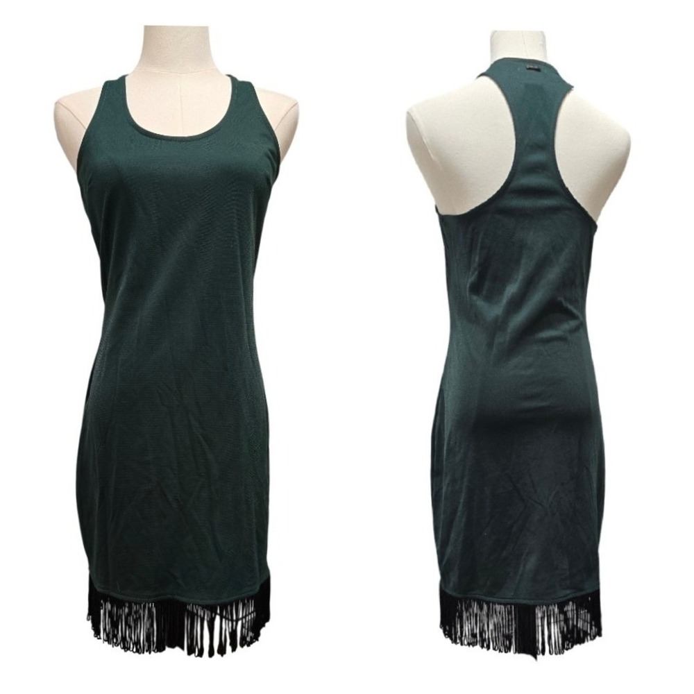 Colcci Dark Green Fringe Hem Racerback Sheath Dress Womens Medium BRAZIL made